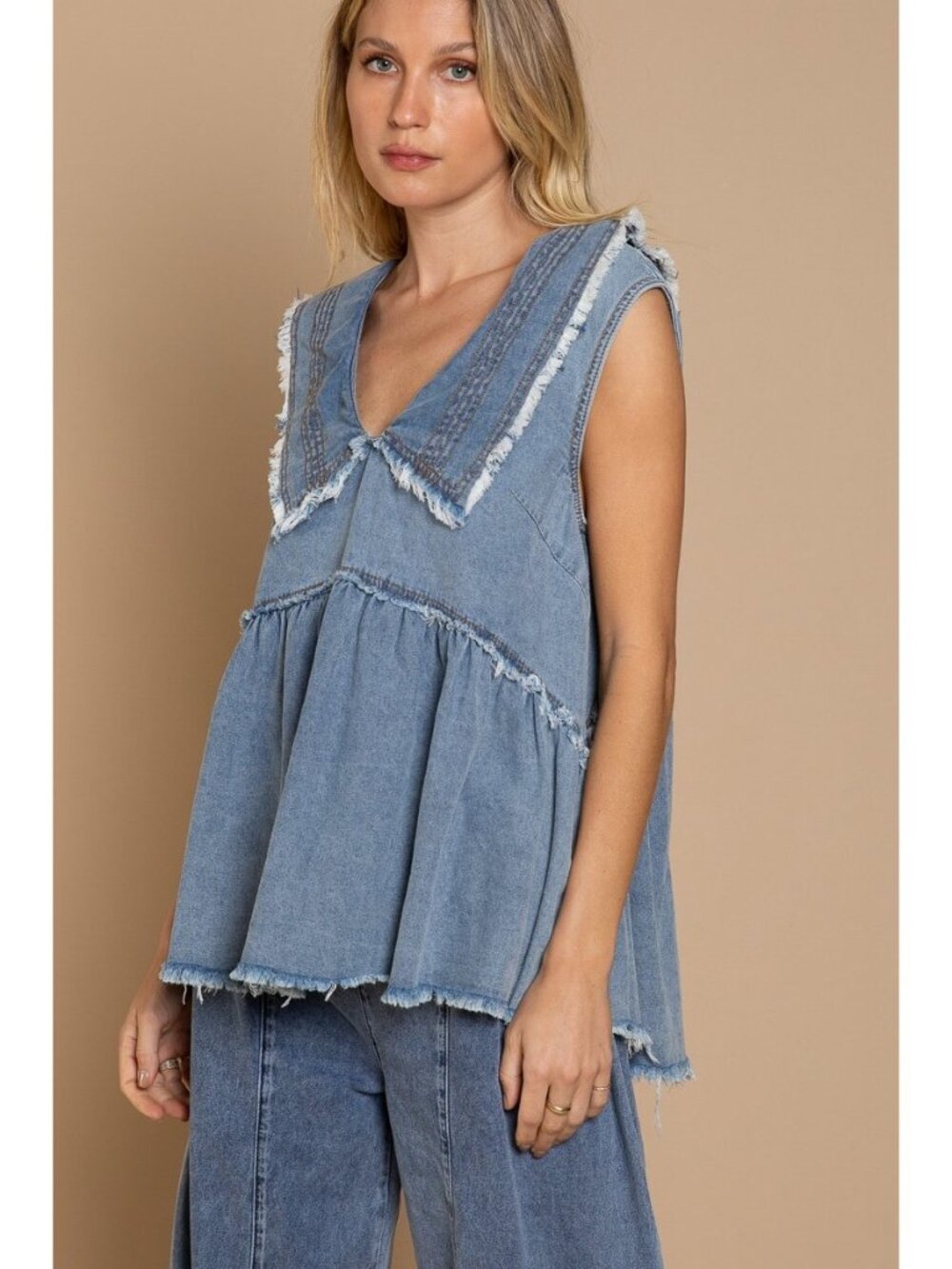 POL FWT134 Plus Sizes Denim Blue Babydoll Tank NWT Sleeveless V Neck Boho Top - Picture 2 of 5